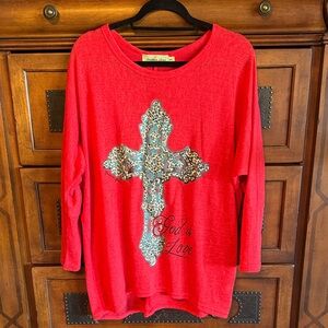 Southern Grace Red Sweater with Sequin Cross and Script